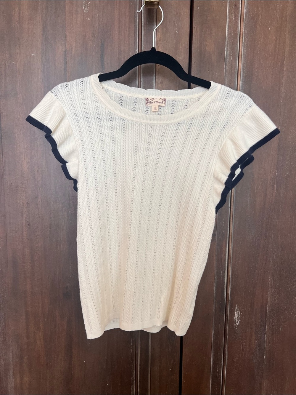 Hem & Thread Cream Short-Sleeve Knit Top with Navy Trim